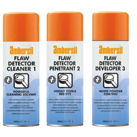 Flaw Detector to kompletny system NDT do wykrywania wad: Cleaner 1 (odtłuszczacz), Penetrant 2 (penetrant) i Developer 3 (wywoływacz).