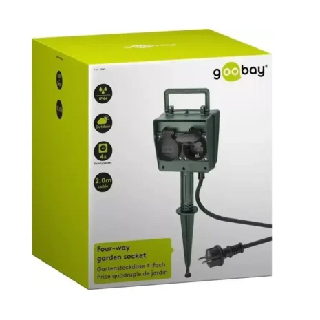 Poczwórne gniazdo ogrodowe na szpilce IP44 z kablem 1,5 m, zielone - Goobay 55943
