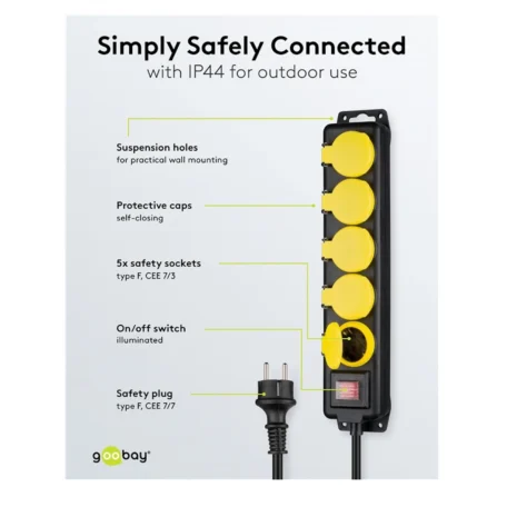 Listwa zasilająca z wyłącznikiem - 5 gniazdek, bryzgoszczelna, 3 m