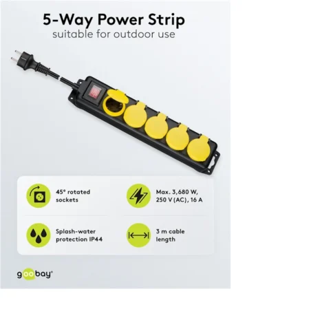 Listwa zasilająca z wyłącznikiem - 5 gniazdek, bryzgoszczelna, 3 m