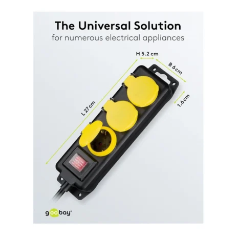 Listwa zasilająca z wyłącznikiem, bryzgoszczelna – 3 gniazda, kabel 3 m, IP44