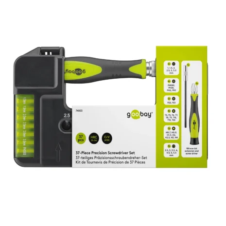 Precyzyjny, 37-częściowy zestaw wkrętaków z bitami i nasadkami.