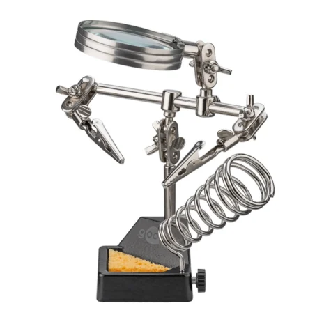 Trzecia ręka z lupą – uchwyt lutowniczy z zaciskami i stojakiem na lutownicę