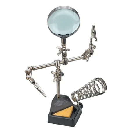 Trzecia ręka z lupą – uchwyt lutowniczy z zaciskami i stojakiem na lutownicę