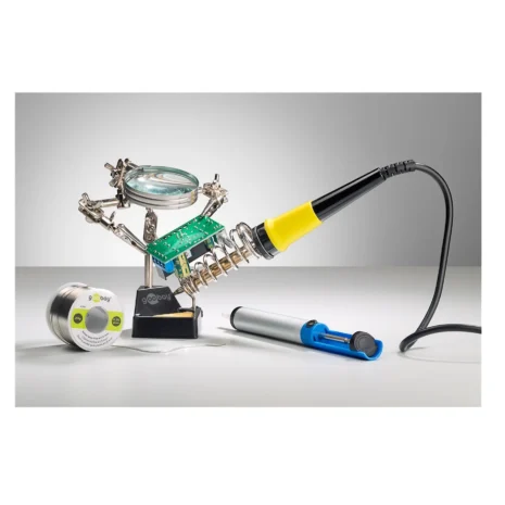 Trzecia ręka z lupą – uchwyt lutowniczy z zaciskami i stojakiem na lutownicę