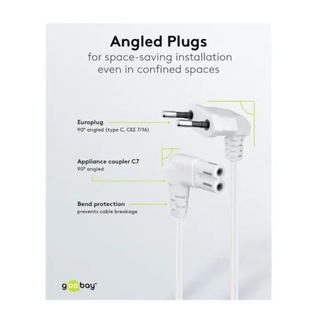 Przewód sieciowy 230V 2 m kątowy, biały – kabel zasilający IEC C13 z wtykiem kątowym