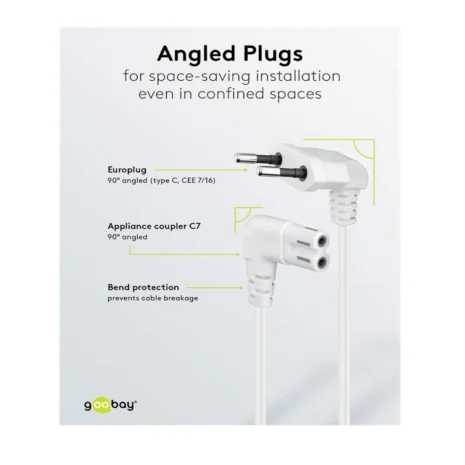 Przewód sieciowy 230V 2 m kątowy, biały – kabel zasilający IEC C13 z wtykiem kątowym